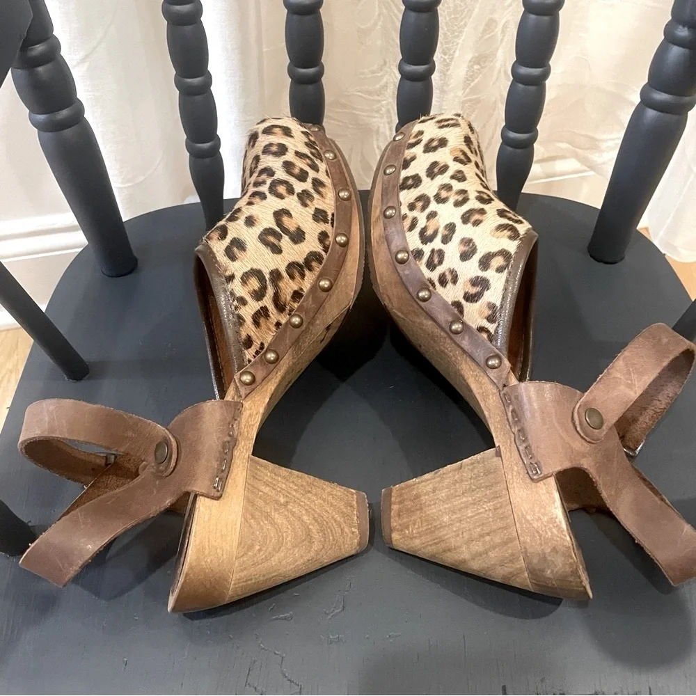 Sanita Calf Hair Animal Hair Leopard Sling Back Clogs Size 38